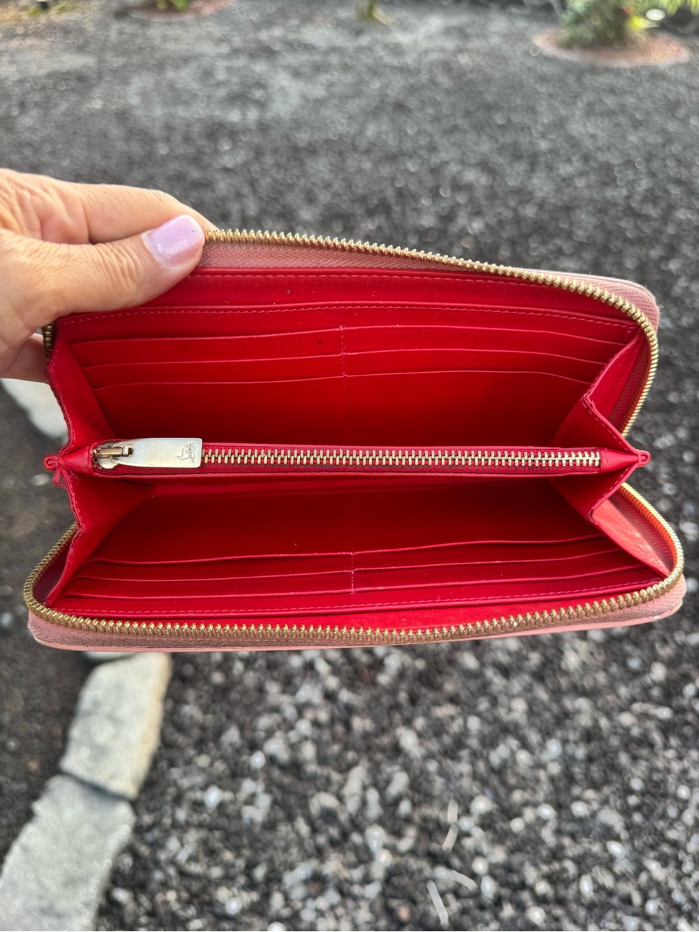Christian Louboutin Pink Spiked Zip Around Wallet Gold Studs Leather - Picture 11 of 14